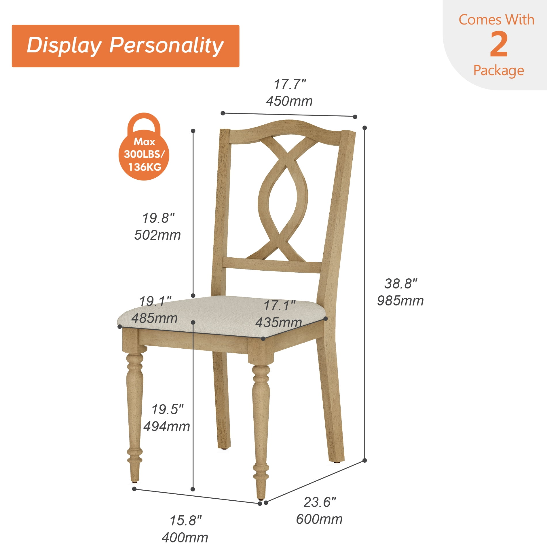 Set of 4 Dining Chairs with Cross-Back & Upholstered Seat, Farmhouse Kitchen Chair with Solid Wood Legs for Dining Room, Oak
