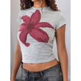 thumbnail image 3 of Prettady Women Short Sleeve Baby Tee Y2k Flower Graphic Printed Crop Top Slim Fit Crew Neck Tees Grey S, 3 of 7