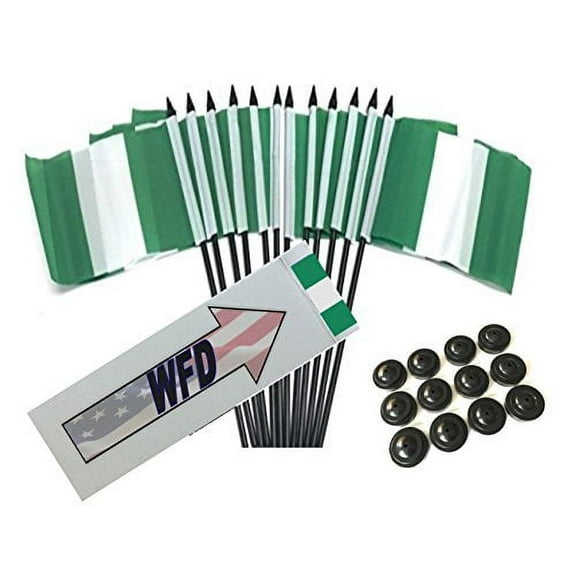 Box of 12 Nigeria 4"x6" Polyester Miniature Desk & Little Table Flags, 4x6 Nigerian Small Mini Hand Waving Stick Flags with 12 Flag Bases (Stands)