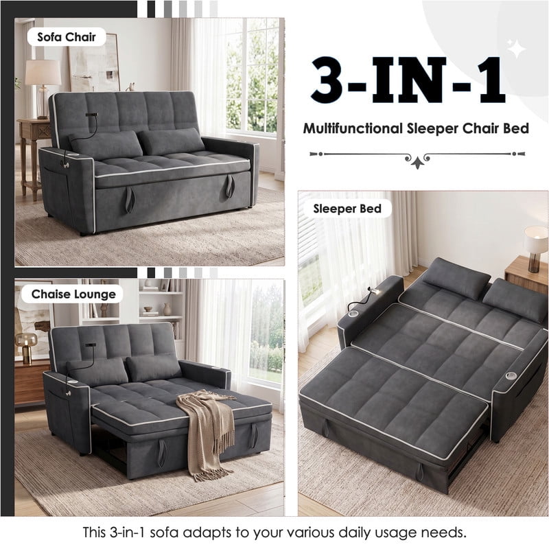 Anpport 54" 3‑in‑1 Convertible Sleeper Sofa Bed, Loveseat with White Trim, USB Charging Port, Phone Stand, 2 Cup Holders and 2 Pillows for Living Room, Bedroom and Apartment, Dark Gray