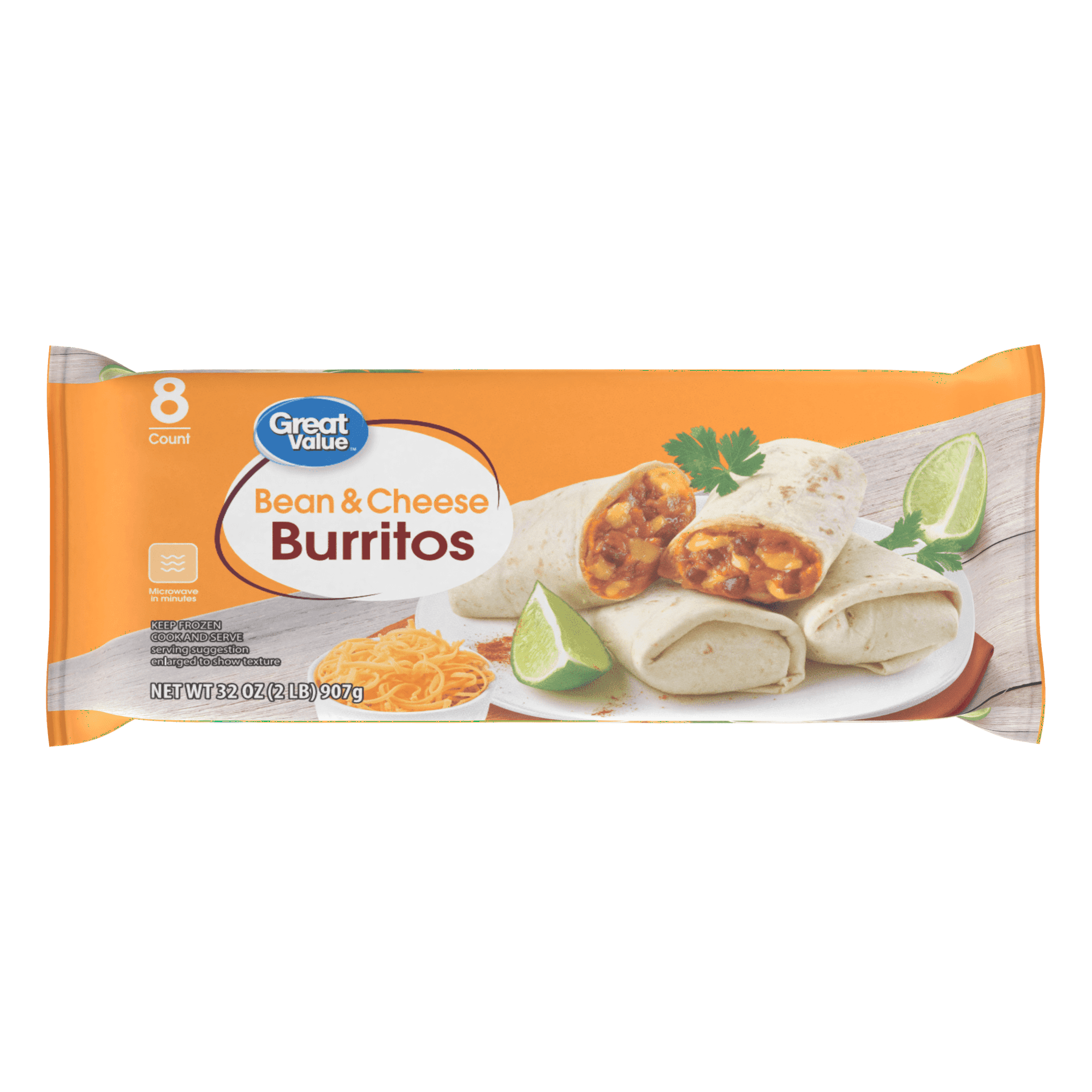 Great Value Bean & Cheese Burritos, 32 oz, 8 Count (Frozen)