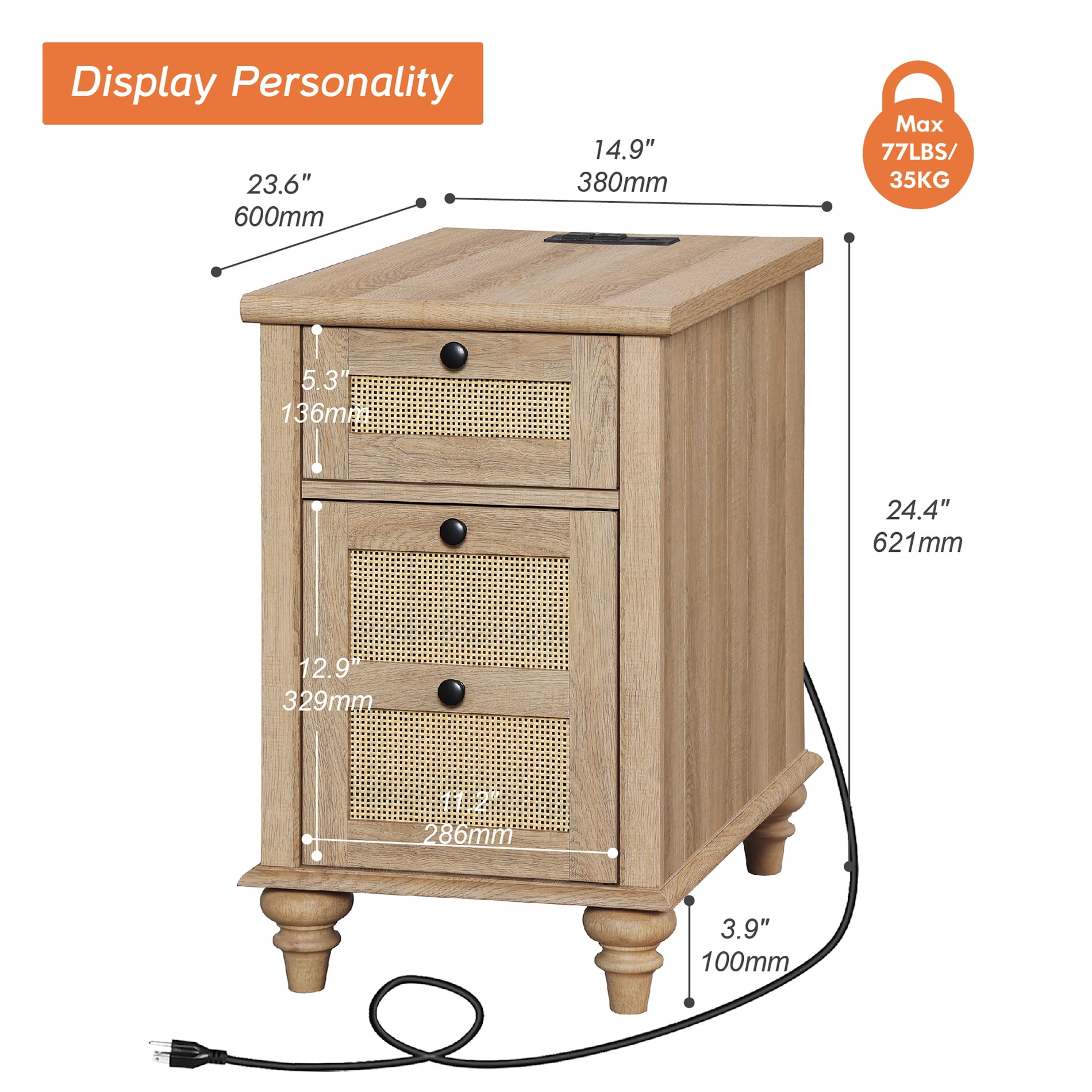 Oak Farmhouse End Table with Charging Station, Wooden Side Table with Rattan Drawer and Cabinet for Living Room Bedroom