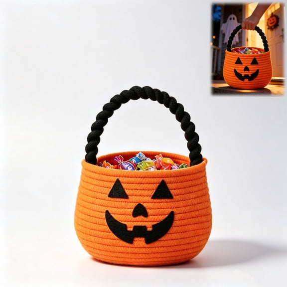 Halloween Basket, Cotton Woven Pumpkin Trick or Treat Bucket, Cute Pumpkin Bucket for Halloween Party Decor, Candy Storage & Gift, Orange