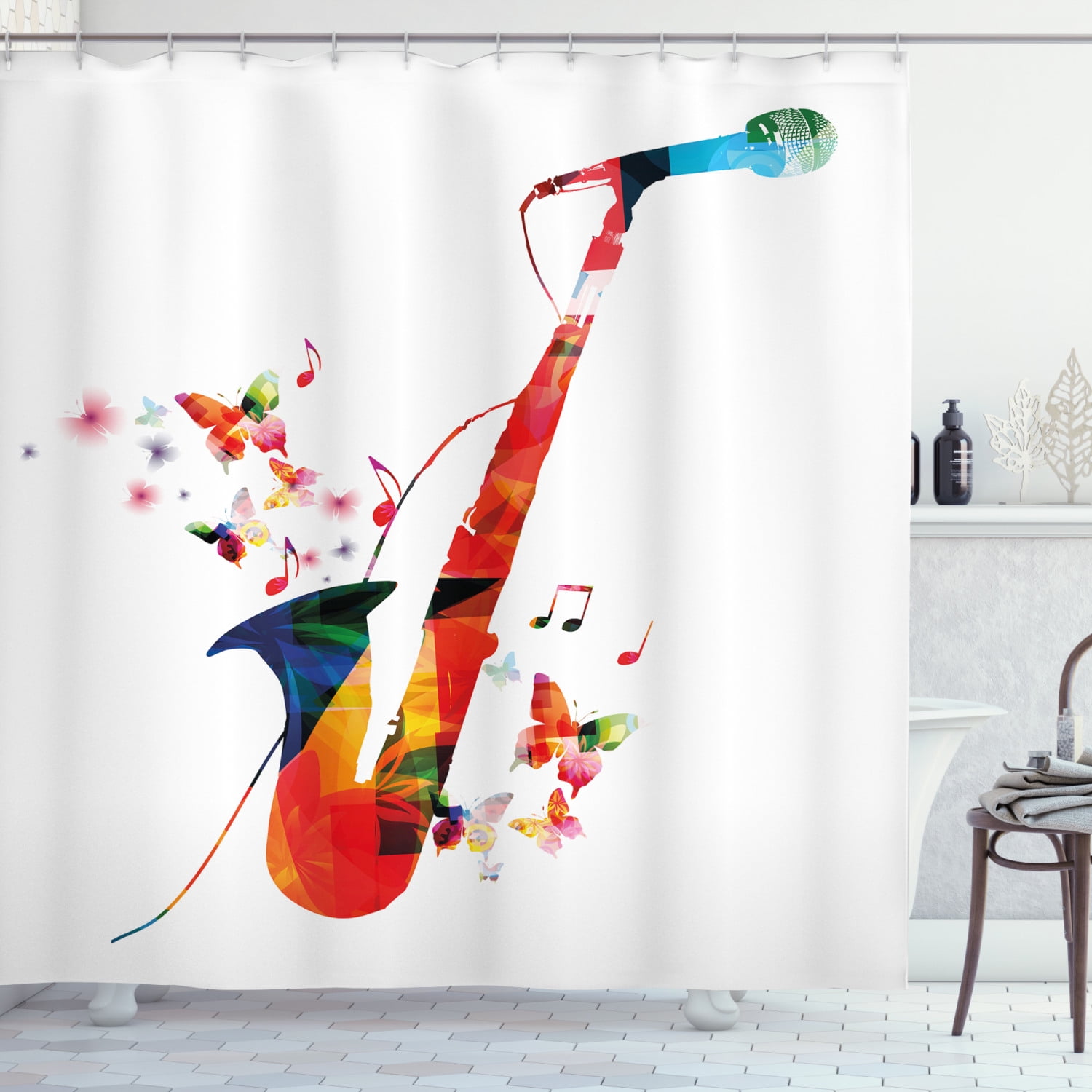 Music Shower Curtain, Jazz Theme Colorful Saxophone with Microphone