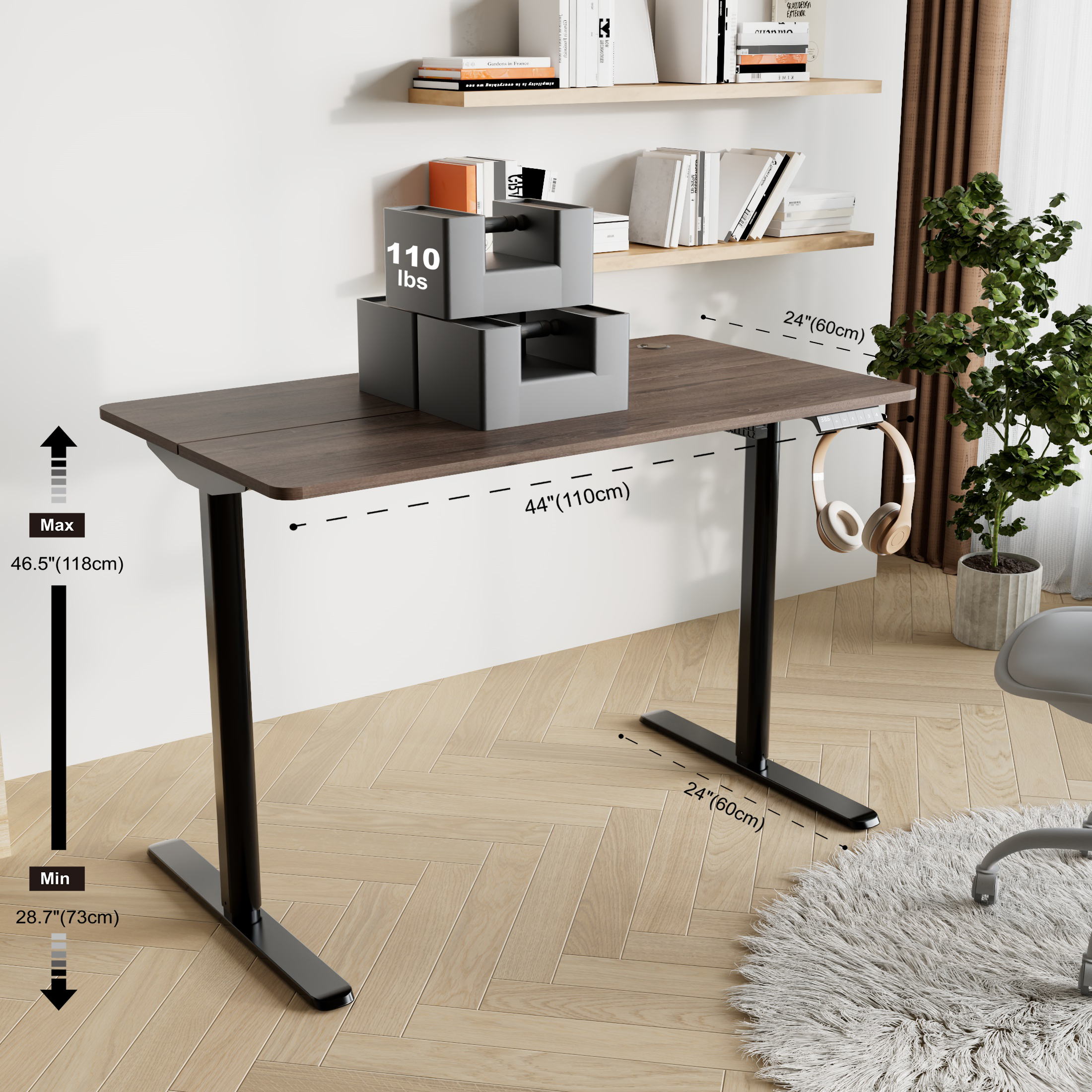 Mainstays Electric Standing Desk with Height Memory Presets, Headphone Hook and Cable Management, Canyon Walnut