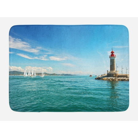 Seaside Rocks - Lighthouse Bath Mat, Day by the Seaside Sailboats Lighthouse Rocks Clear Sea Clouds Island Seascape, Non-Slip Plush Mat Bathroom Kitchen Laundry Room Decor, 29.5 X 17.5 Inches, Multicolor, Ambesonne