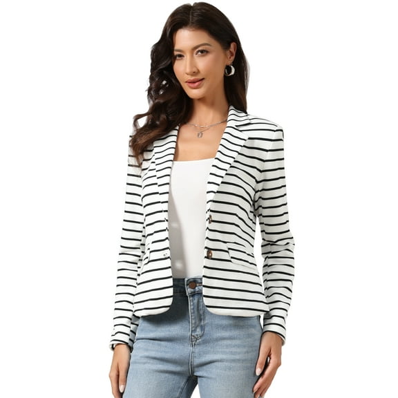 INSPIRE CHIC Women's Notched Lapel Long Sleeves Button Striped Blazer XS White