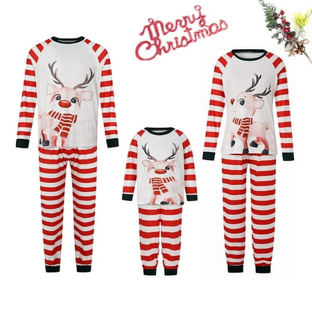 

Pudcoco Cute Family Parent-child Pajamas Fashion Christmas Elk Printed Round Neck Tops and Stripe Long Pants Home Clothes Set
