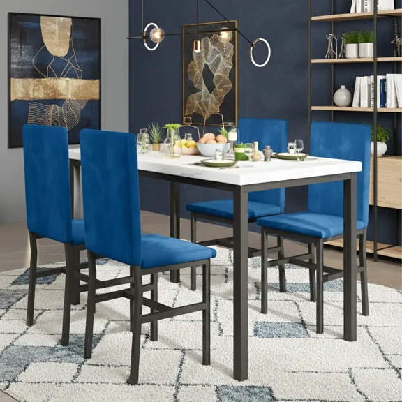 Dining Table Set for 4, Modern Marble Dine Table with 4 Velvet Chairs, Modern Kitchen Table Set for Home, Breakfast Nook, Cafeteria Dining Room, Blue