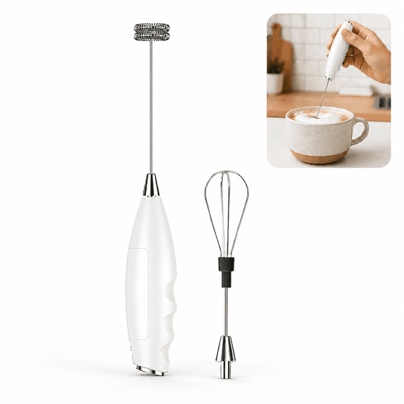Battery Operated Handheld Milk Frother with 2 Stainless Steel Whisk Heads, Electric Coffee Foam Maker and Mini Mixer for Lattes, Cappuccino, Eggs and Cream, White