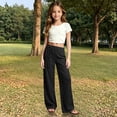 thumbnail image 2 of Tween Girls' Pants Set Casual Foldover Elastic Waist Kids Wide Leg Sweatpants Loose Linen Pants Girls' Sweatpants with Pockets, 2 of 7