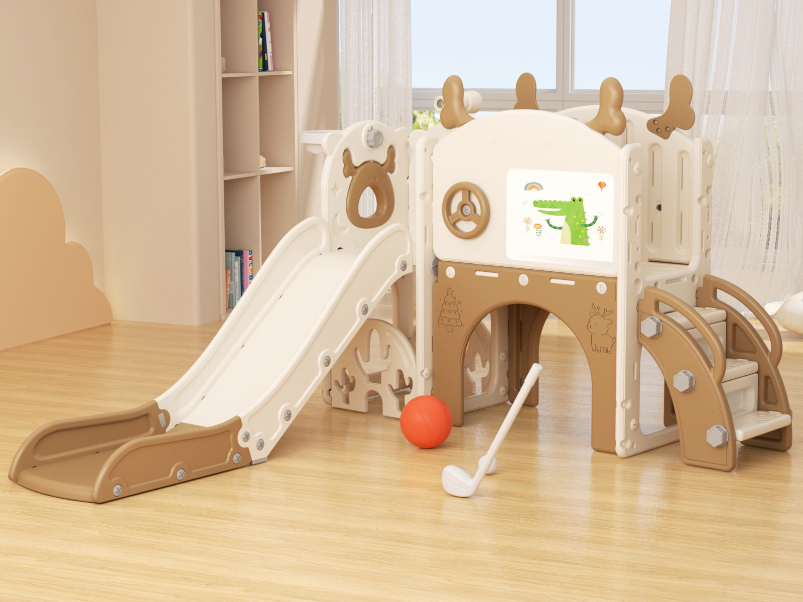 KORIMEFA 11-in-1 Toddler Slide, Kid Slide for Toddlers Age 1-3 with Golf Set, Ring Toss, Basketball Hoop, Drawing Board and Telescope, Indoor Outdoor Playset Playground, Coffee
