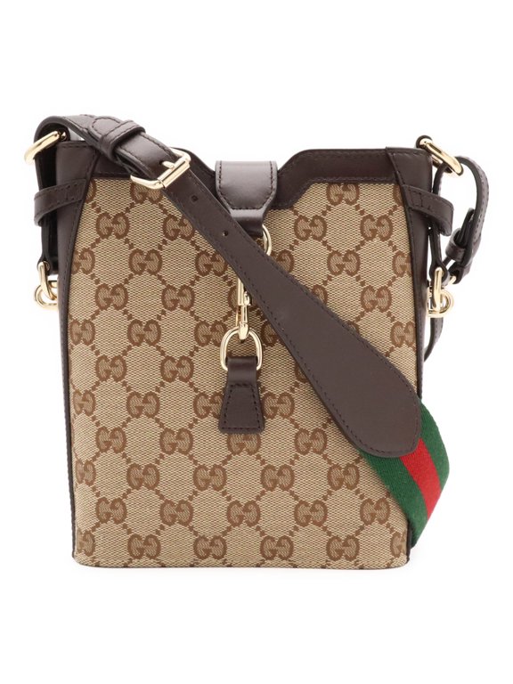 Pre-Owned GUCCI GG Canvas Mini Bucket Bag Shoulder Leather Beige Dark Brown Green Red 782919
