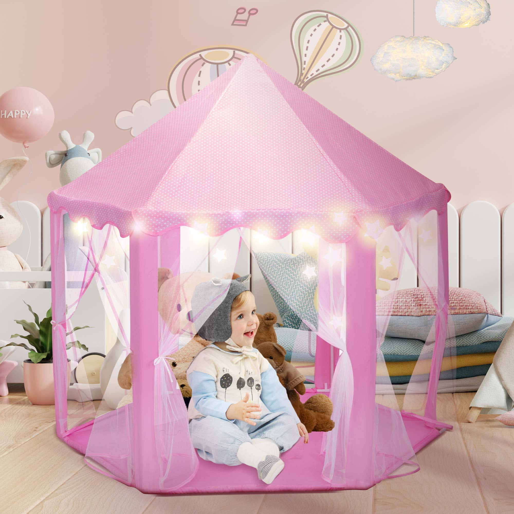 EJOY e-Joy Kids Indoor/Outdoor Play Fairy Princess Castle Tent X-Large Pink Portable Fun Perfect Hexagon Large Playhouse Toys for Girls/Children/Toddlers Gift Room 