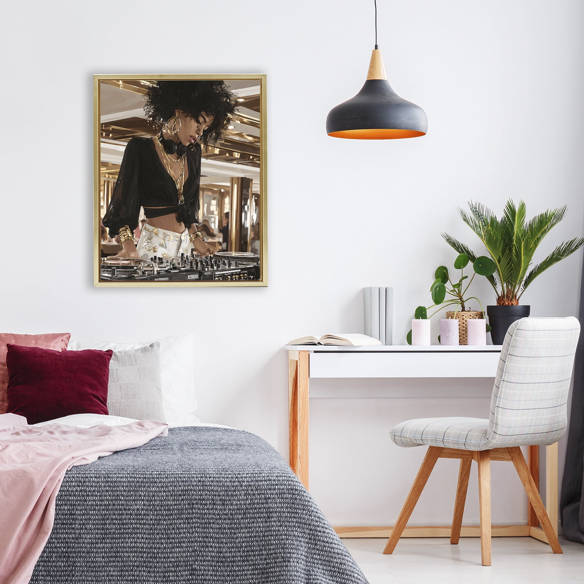 Stupell Industries Woman Of Music Live DJ Gold Framed Floater Canvas Wall Art, design by Franklyn Gregory
