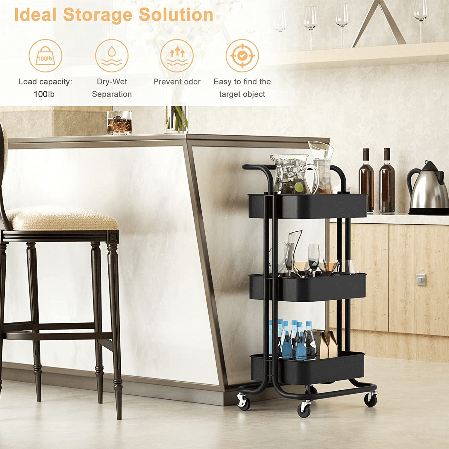 Private Jungle 3-Tier Home Kitchen Storage Utility cart with handle,Multifunctional Movable Storage Organizer with Caster Wheels for Home Office Black Private Jungle 3-Tier Home Kitchen Storage Utility cart with handle,Multifunctional Movable Storage Organizer with Caster Wheels for Home Office Black