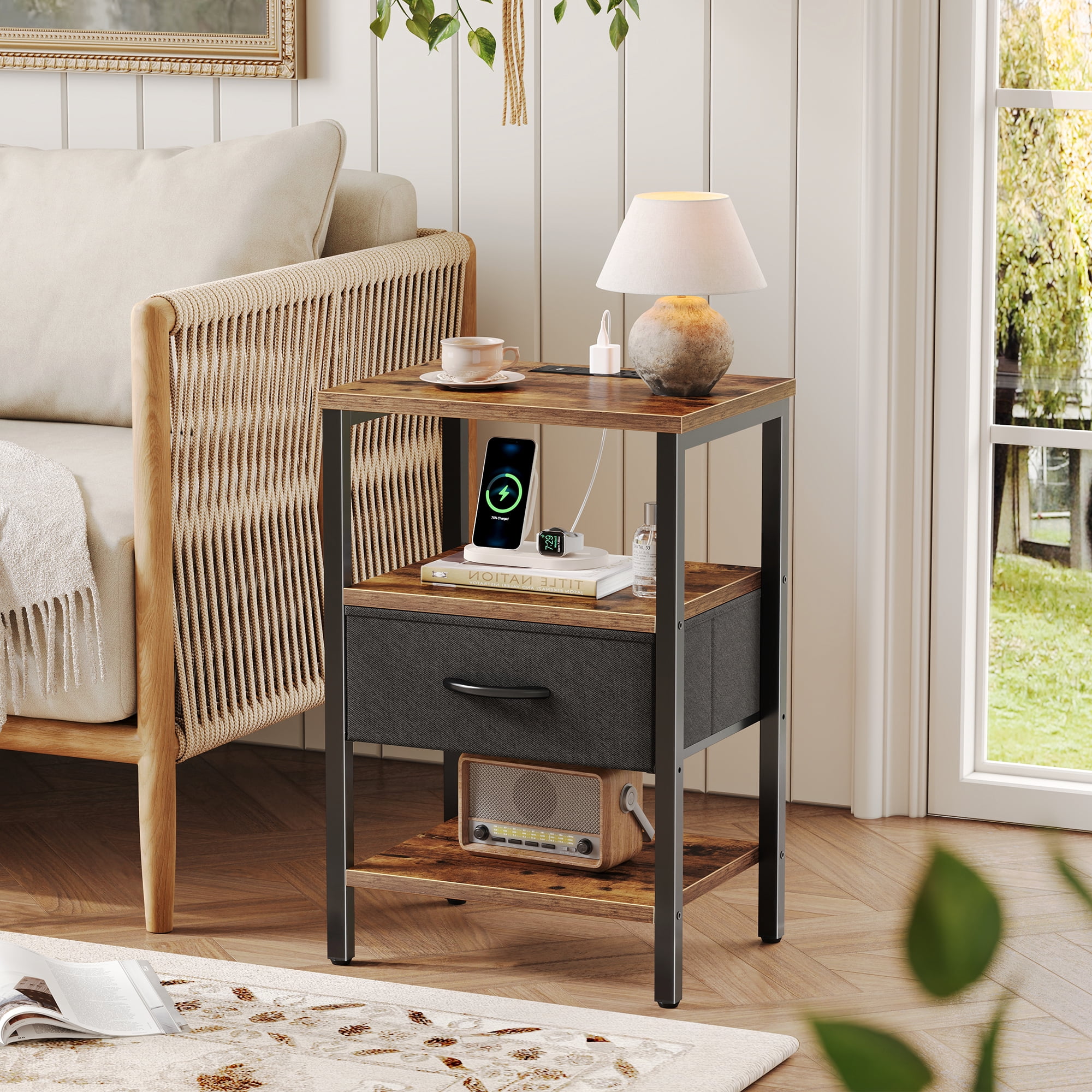 Nightstand with Charging Station, Adjustable Fabric Drawer, 3-Tier Bed Side Table, Night Stand for Bedroom, Storage End Table, Rustic Brown