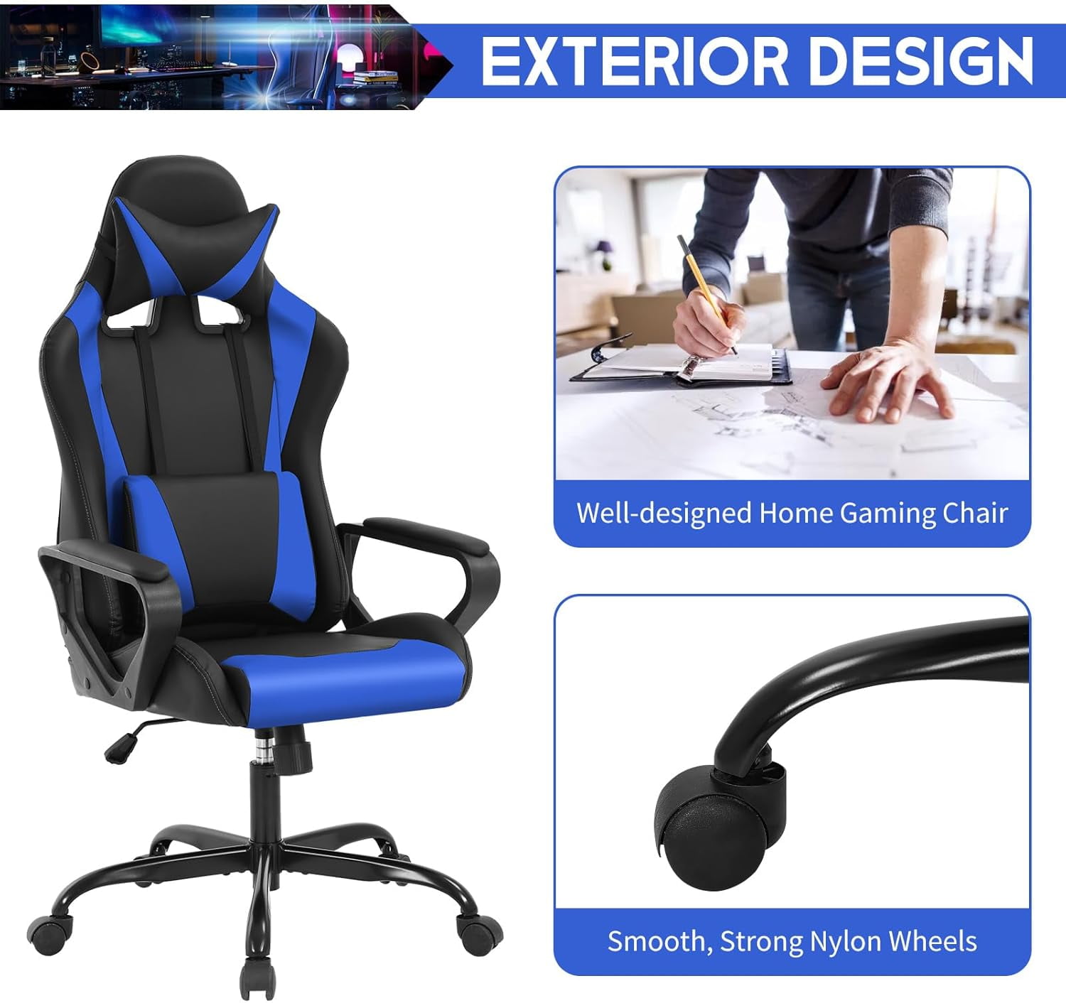 BIQWBIC Gaming Chair, High-Back Ergonomic Video Game Chair for Teen, with Adjustable Seat, Lumbar Support, Armrest and Headrest, Blue