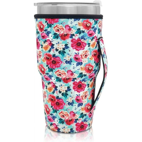 SHILIU-Reusable Iced Coffee Cup Sleeve Neoprene Insulated Sleeves Cup Cover Holder Idea for 30oz-32oz Tumbler Cup,Trenta Starbucks (Only Cup Sleeves) (Flower Printing)