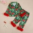 thumbnail image 2 of Wenfanal Pajamas Sets Kids Toddler Girl Pajamas Pj Set Kids Baby Girl Christmas Satin Pajamas Long Pajamas Set 2PC Button Up Silk Nightgown Xmas Gift Size 18-24 Months,Green, 2 of 4