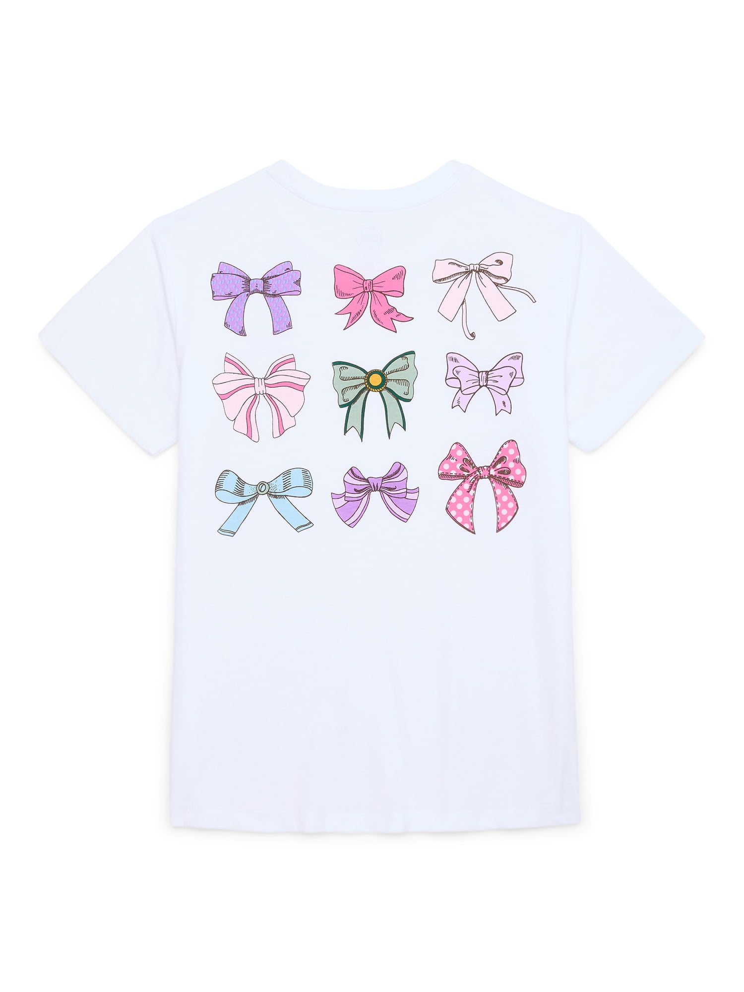 Wonder Nation Girls Bonjour Bows Graphic Print Crewneck Tee with Short Sleeves, Sizes 4-18