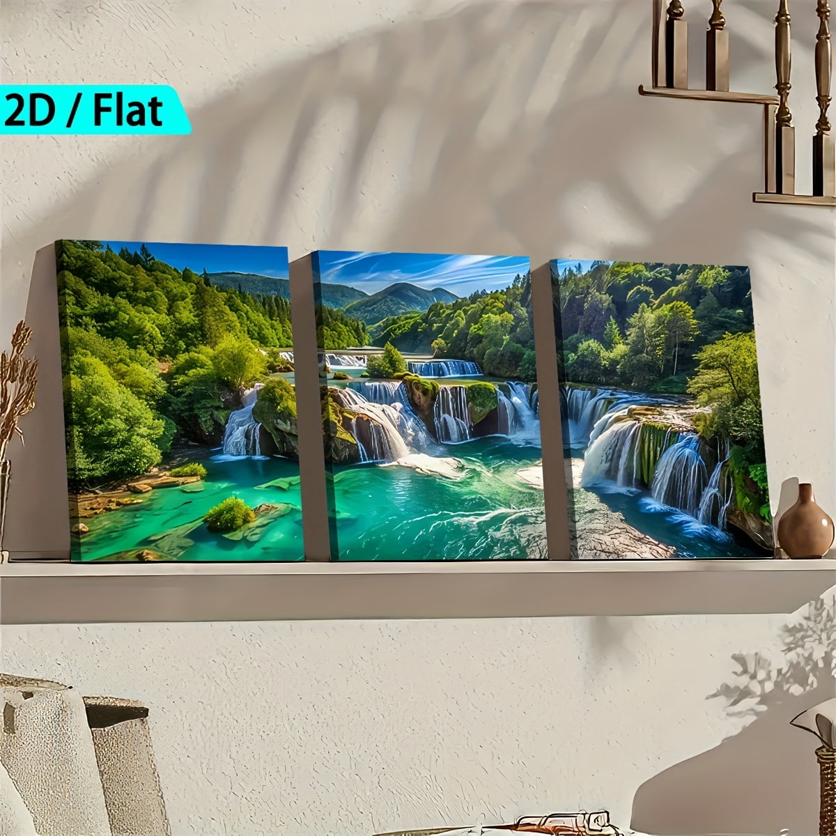 [Holiday Gift] 2D Flat, [2D/Flat Print] Framed Canvas Painting And Poster, Ready to Hanging, Natural Waterfall, Lake, Forest Scenery, Large Size Home Decor, Wall Art, Room Decoration, Holiday Gift