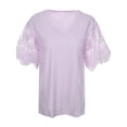thumbnail image 3 of DYMADE Womens Summer Plus Size S-5XL Short Sleeve V-Neck Solid Color Lace Stitching Basic T-Shirts, 3 of 4