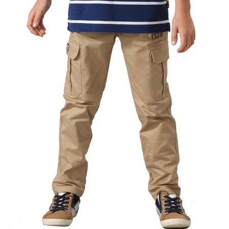 Leo&Lily Big Boys' Kids' Husky Waist Embroidery Dobby Twill Cargo Pants (Khaki, 8)