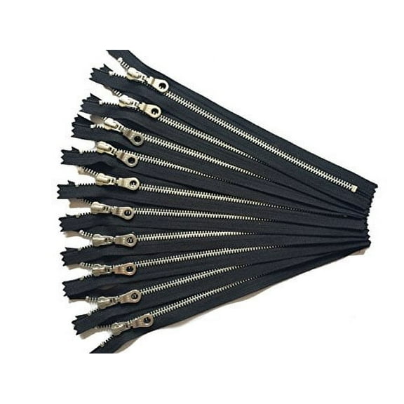12 Inch Black YKK Silver Aluminum Metal Zippers with Donut Pulls Number 5 Set of 10 Pieces by Craftbot