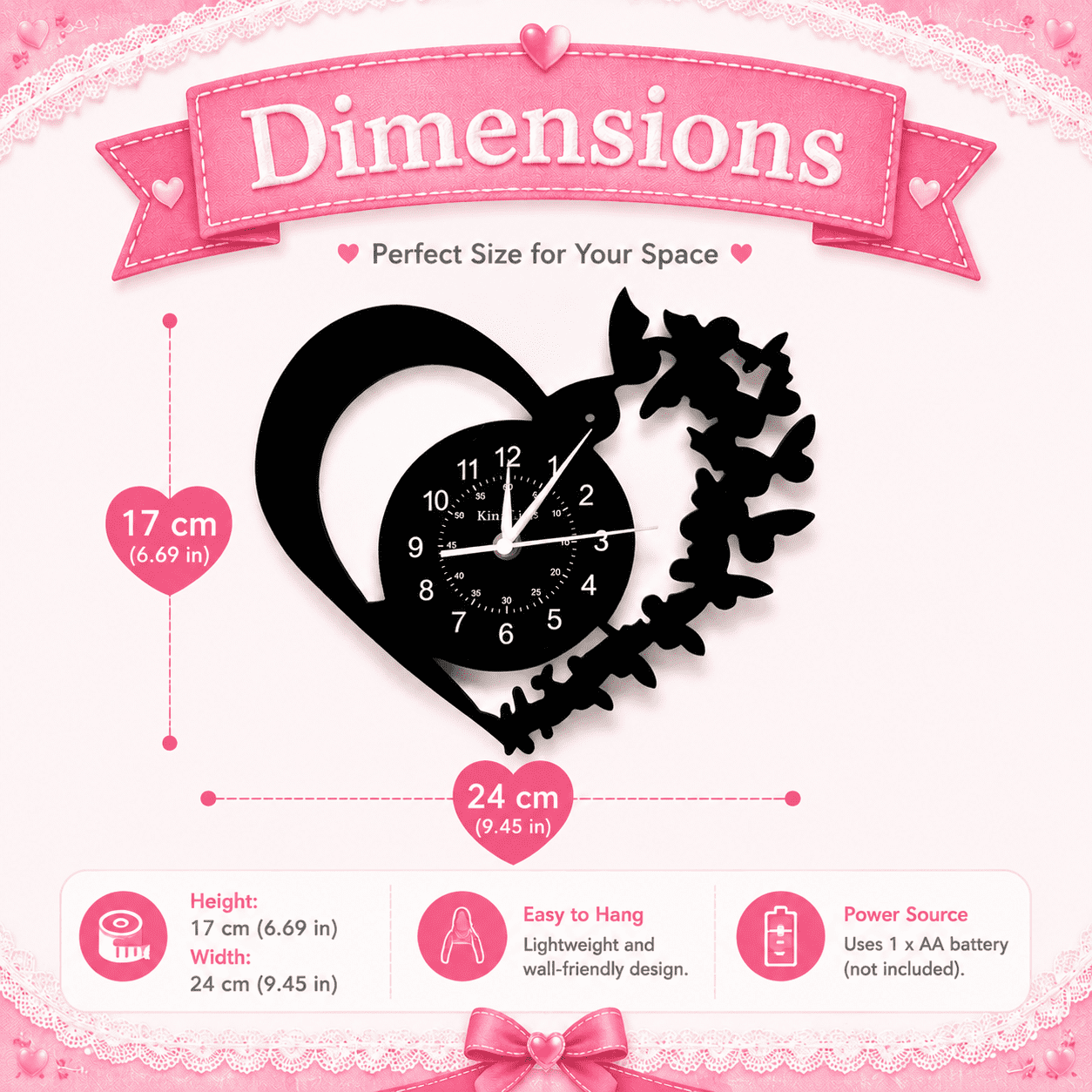 Modern Heart Vinyl Record LED Wall Clock - 7 Color Changing Night Light with Remote, Silent Battery Operated Hanging Clock for Bedroom, Living Room & Unique Wall Art