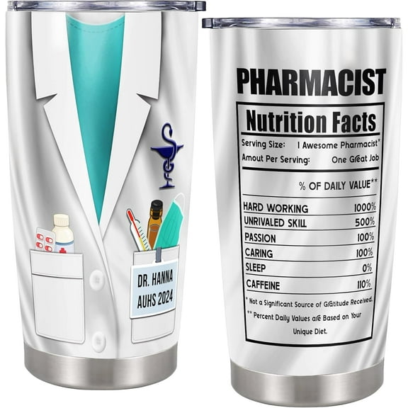 Personalized Pharmacist Tumbler Custom Name Healthcare Worker Nutrition Facts Insulated Travel Coffee Mug with Lid Stainless Steel 20 oz Medical Pharmacology Gift for Coworkers