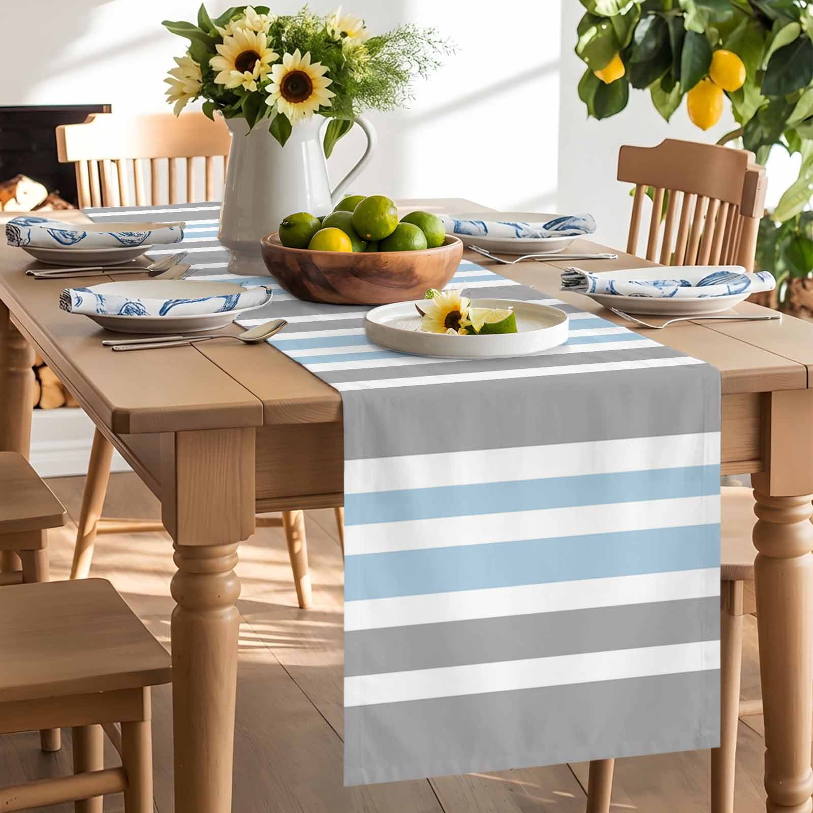 Classic Vertical Stripes Table Runner 90 Inches Long, Grey Blue White Table Runners Tabletop Scarf Kitchen Dining Tables Decoration for Home Party Indoor Outdoor