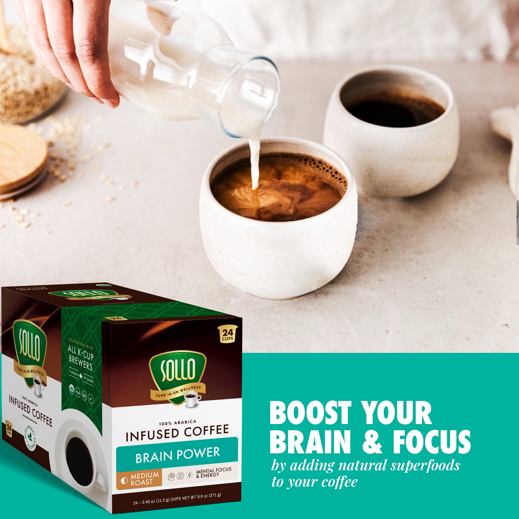 SOLLO Brain Power Medium Roast Coffee Pods with MCT, Acai & Vitamins - Improves Memory & Focus Compatible with 2.0 K-Cup Keurig Brewers, 24 Ct