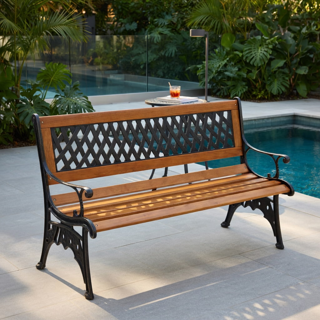 Hommoo Heavy-Duty Cast Iron Outdoor Patio Bench with Solid Wood Seat, Black + Natural