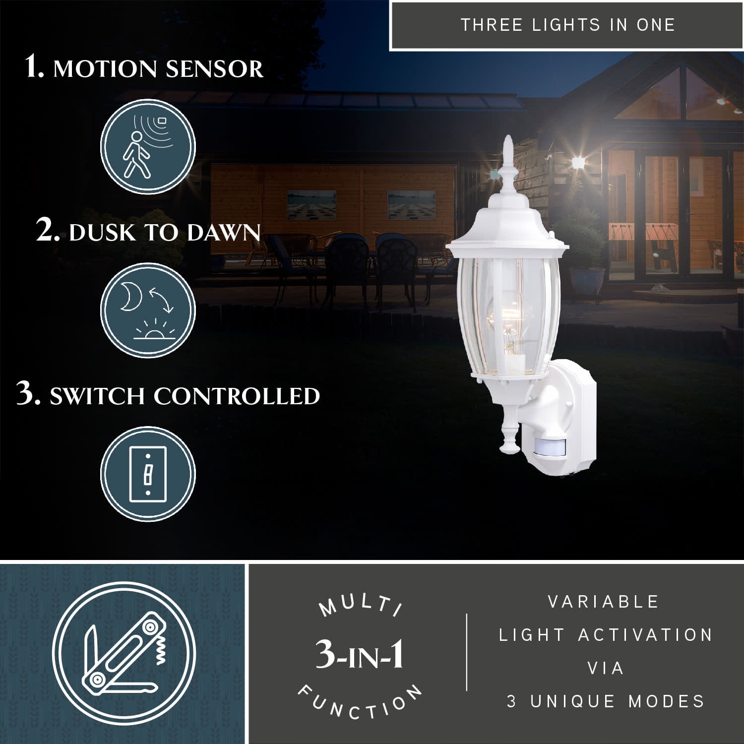 Rogers Park Aluminum 6.25-in. W 1 Light White Motion Sensor Dusk to Dawn Outdoor Wall Lantern Clear Glass