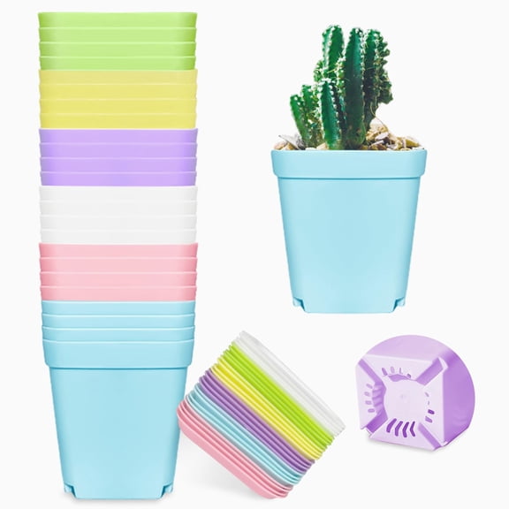 24 Pack 3 Inch Square Plastic Plant Pots with Saucers, Multi Color Seedling Nursery Containers for Indoor Outdoor Plants, Garden Balcony Office Decor, Multicolor