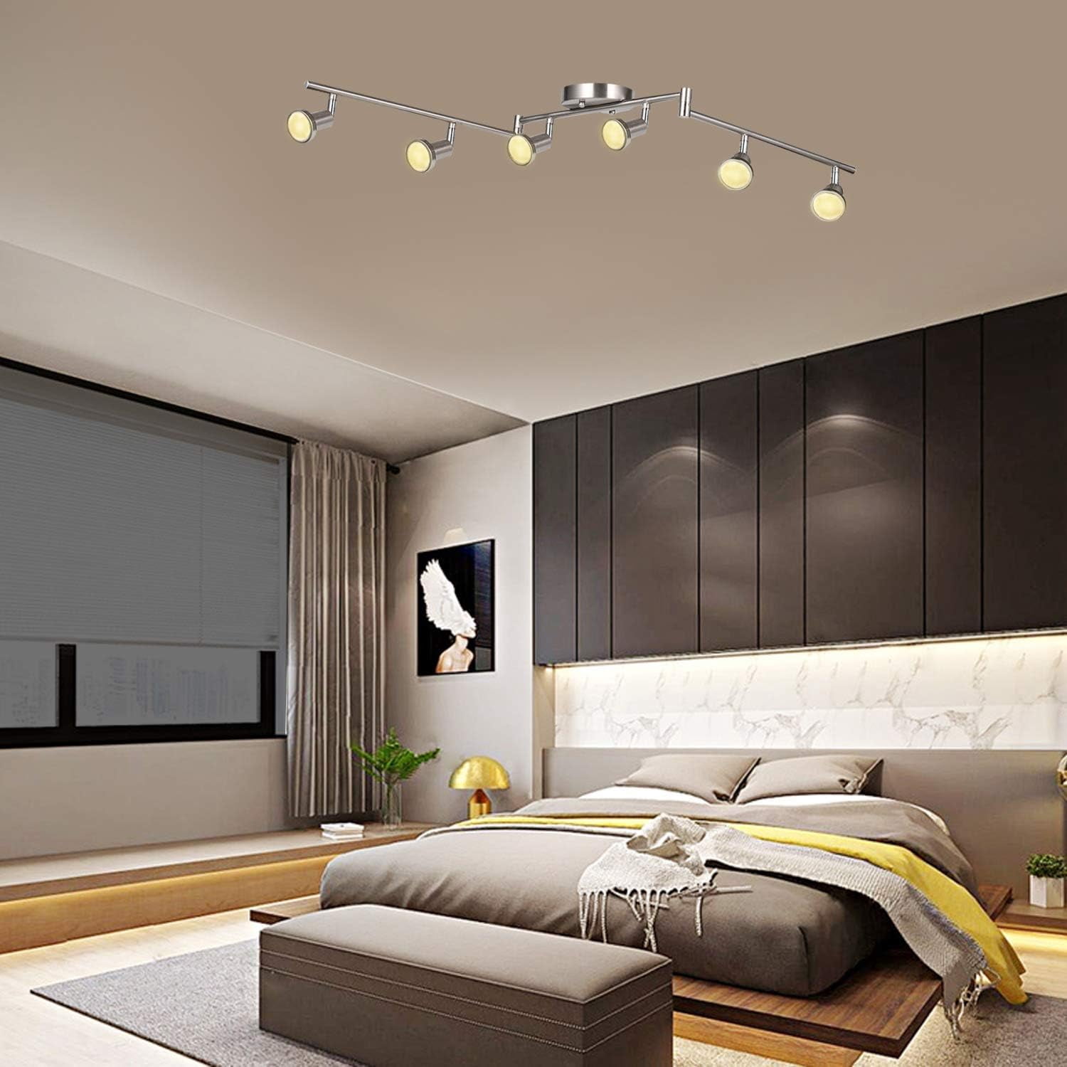 Rotatable LED Ceiling Light with 6 Way Spot Lights - Flexible Nickel Finish Ceiling Lights for Bedroom and Living Room, Protective Bulb Trims (GU10 Bulbs Not Included)
