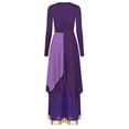 thumbnail image 2 of iiniim 2pcs Women Liturgical Praise Dancewear Long Sleeve Metallic Color Irregular Hem Worship Dress Wide Leg Pants Purple S, 2 of 7