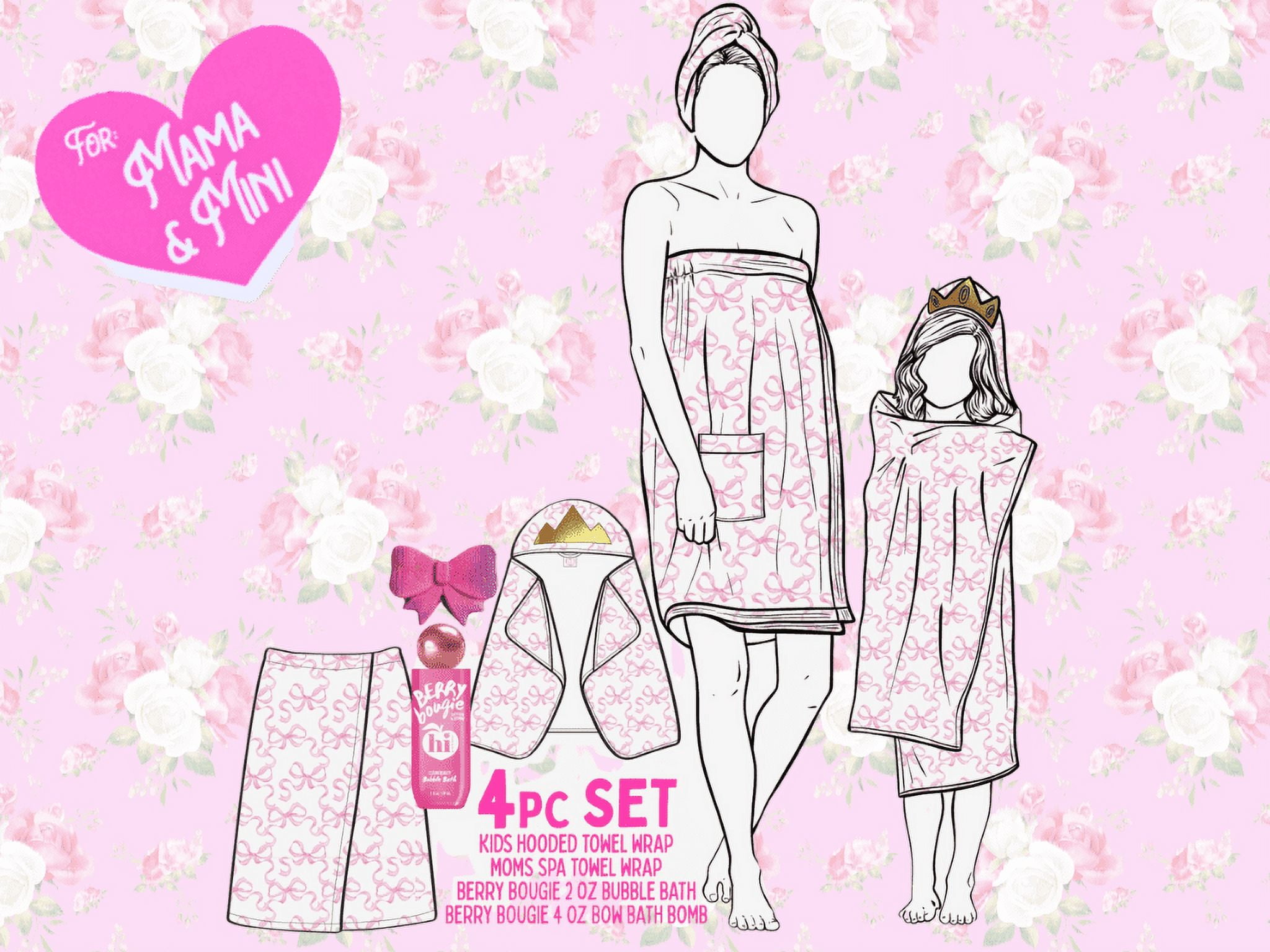 Hi Peach Layne Mama & Me Bath Wrap Set with Pink and White Bow Designs, includes Berry Bougie Bubble Bath 2 fl oz, and Pink Bow Bath Bomb 4 oz