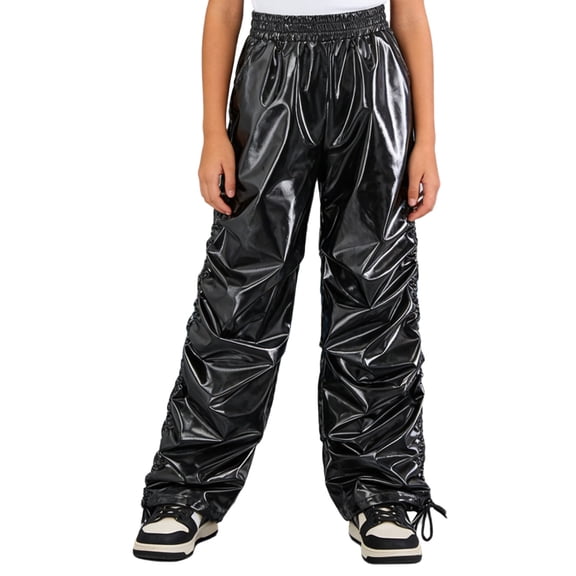 TiaoBug Kids Girls Metallic Joggers Pants Hip Hop Dance Sweatpants Elastic Waist Pull On Holographic Trousers Black 6