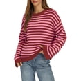 thumbnail image 3 of Womens Long Sleeve Sweater Striped Oversized Sweaters Casual Crewneck Knit Tops Pink XL, 3 of 7