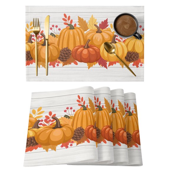 Thanksgiving Placemats Set of 1 Fall Maple Leaf Pumpkin White Wood Grain Heat Insulation Washable Place Mats, Non-Slip Table Mats for Dining Table Party Kitchen Decor, 13x19 Inch
