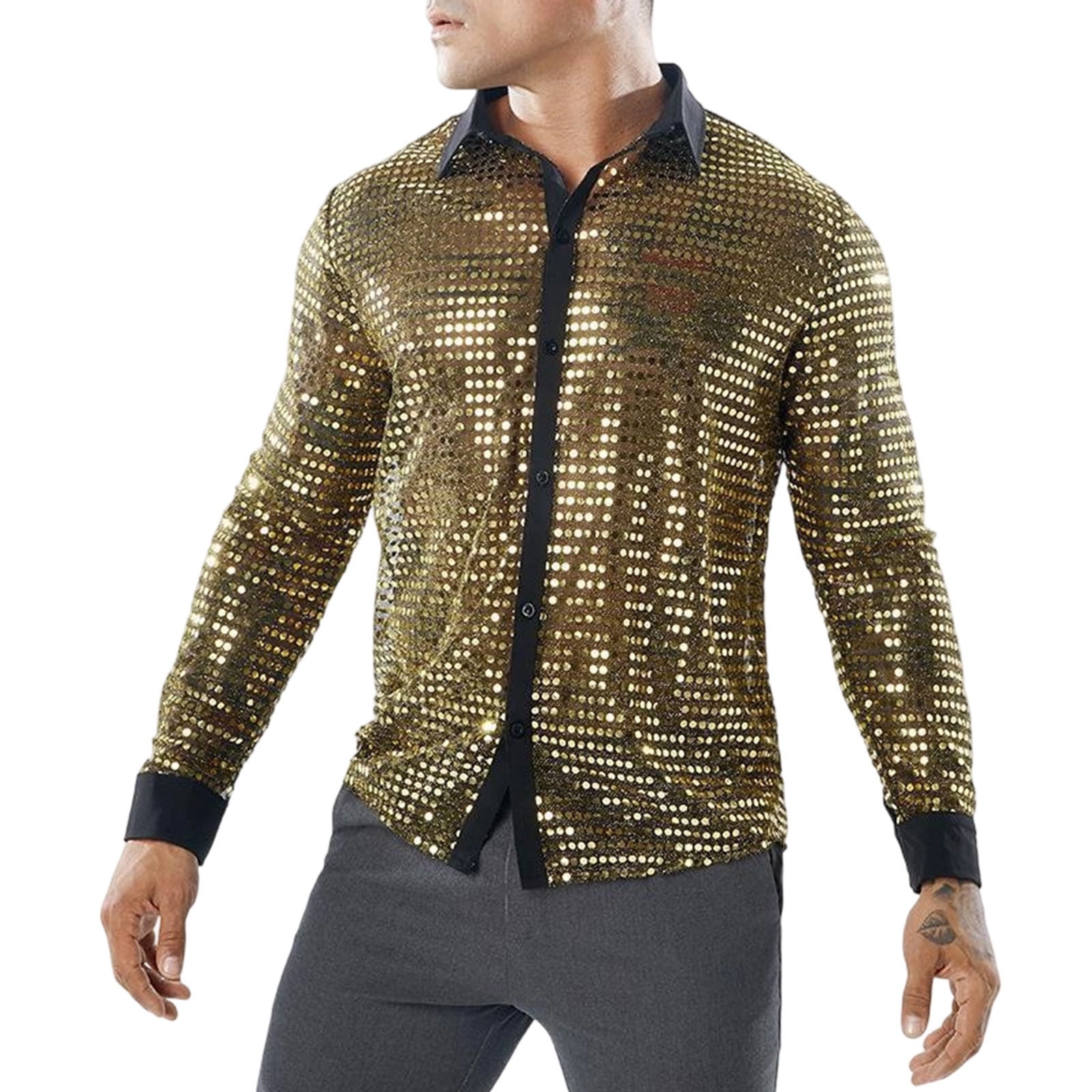 ZRGHAOYLQ Men's Zip Up Shirts Luxury Sequin Button Down Shirts