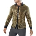 thumbnail image 2 of Mens Sparkly Sequin Shirt 70s Costumes Button Front Shirt Party Sheer Mesh Long Sleeve Shirt Tops (Gold,S), 2 of 5