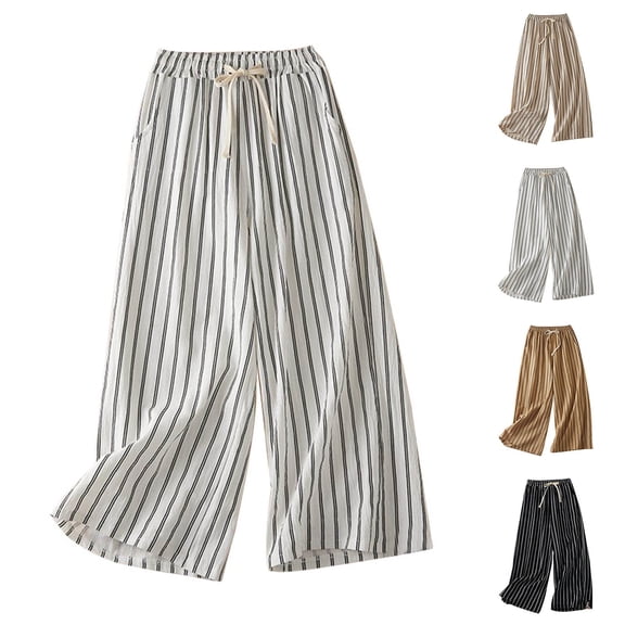 Delayuji Womens Cotton Linen Pants Striped Printed Solid Color Wide Leg Pant Loose Straight Leg Baggy Casual Pants