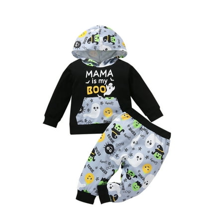 

Xingqing Boys Halloween Printed Long Sleeve Hooded Pullover and Trousers Set