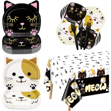 81 Pieces Cat Birthday Party Decorations - Including Cat Plates, Pet Napkins, and MEOW Tablecloth for Pet Cat Themed Birthday Party Supplies, Serve 20 Guests, Large, Black White, JY-84
