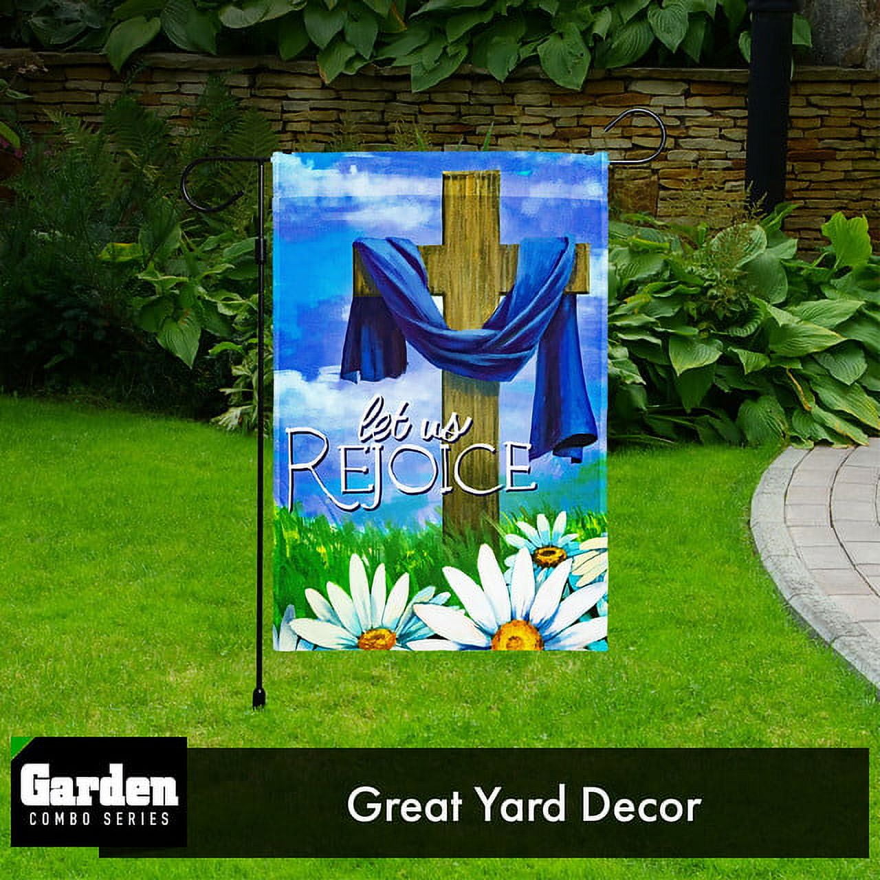 G128 2sets: 36"x16" Flag Stand Black & 12"x18" Easter Garden Flag Let Us Rejoice Easter Cross
