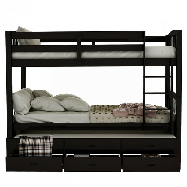 Segmart Bunk Beds Twin Over Wood, Dorel Living Airlie Solid Wood Bunk Beds Twin Over Full With Ladder And Guard Rail Espresso