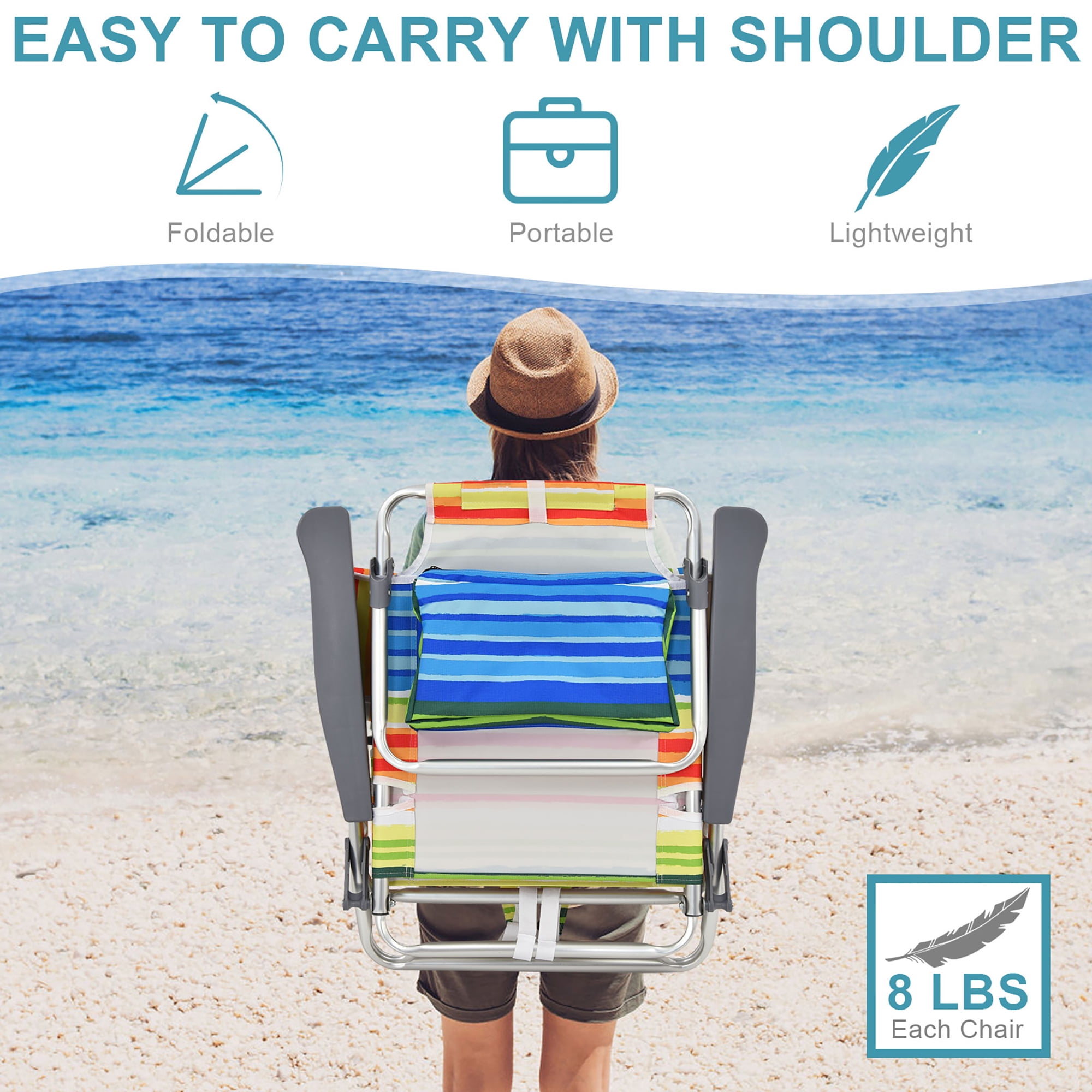 Costway 2-Pack Folding Backpack Beach Chair 5-Position Outdoor Reclining Chairs with Pillow Yellow